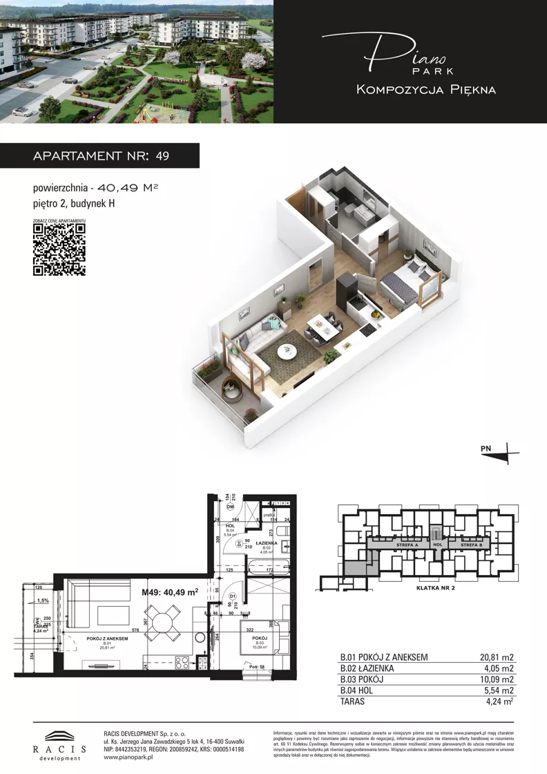 2 pokoje, mieszkanie 40,49 m², piętro 2, oferta nr 49, Piano Park bud. H, Suwałki, Czarnoziem, ul. Witolda "Rotmistrza" Pileckiego 5A