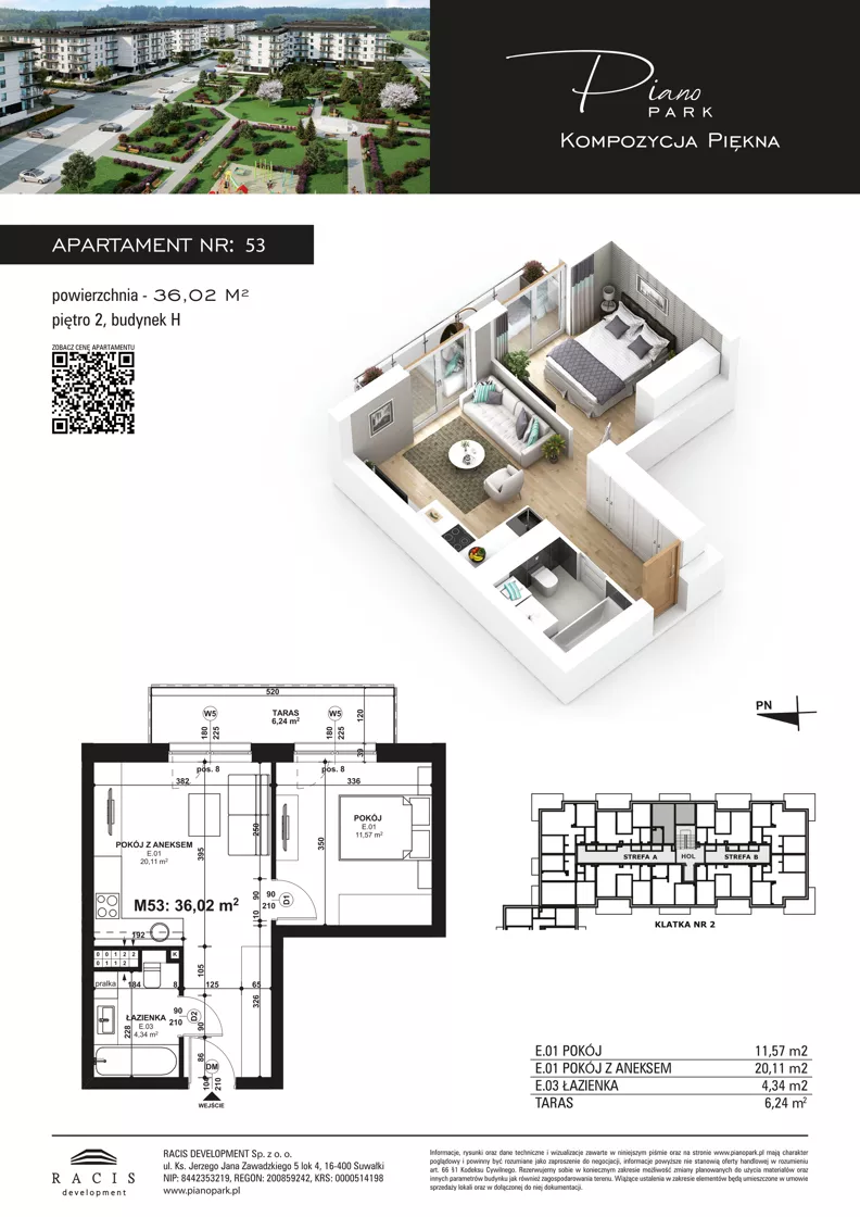 2 pokoje, mieszkanie 36,02 m², piętro 2, oferta nr 53, Piano Park bud. H, Suwałki, Czarnoziem, ul. Witolda "Rotmistrza" Pileckiego 5A
