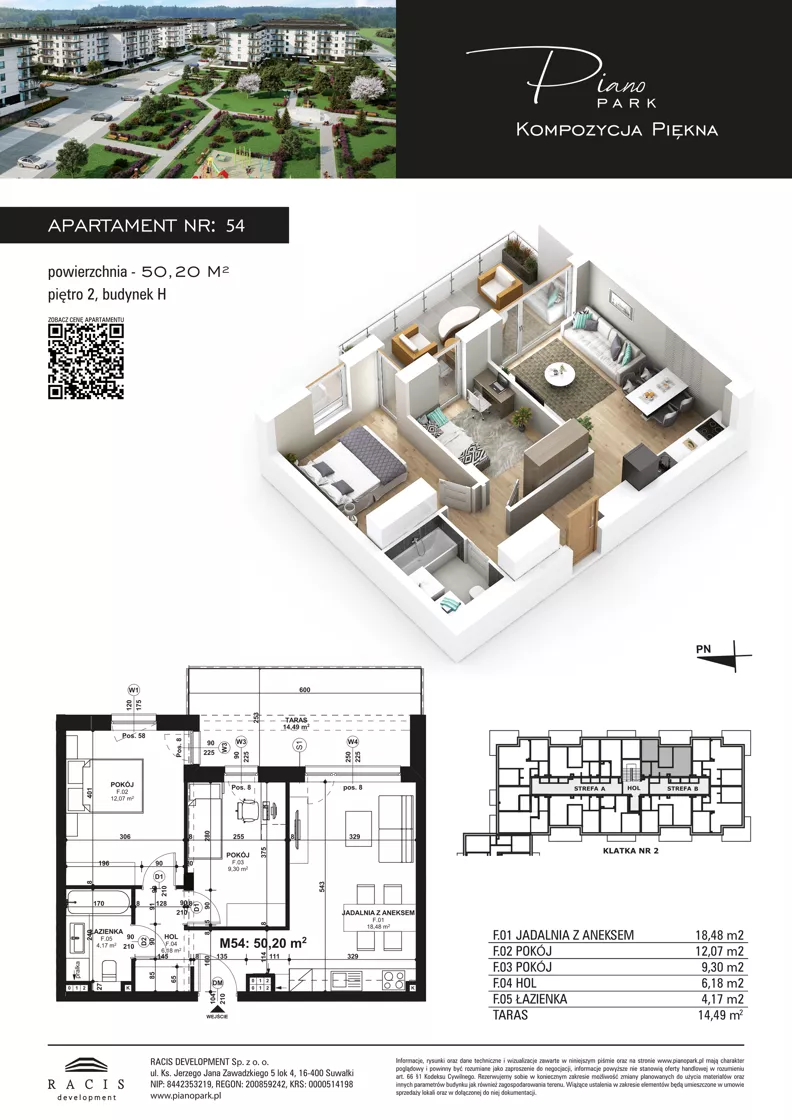 3 pokoje, mieszkanie 50,20 m², piętro 2, oferta nr 54, Piano Park bud. H, Suwałki, Czarnoziem, ul. Witolda "Rotmistrza" Pileckiego 5A
