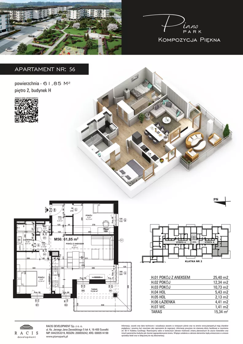3 pokoje, mieszkanie 61,85 m², piętro 2, oferta nr 56, Piano Park bud. H, Suwałki, Czarnoziem, ul. Witolda "Rotmistrza" Pileckiego 5A