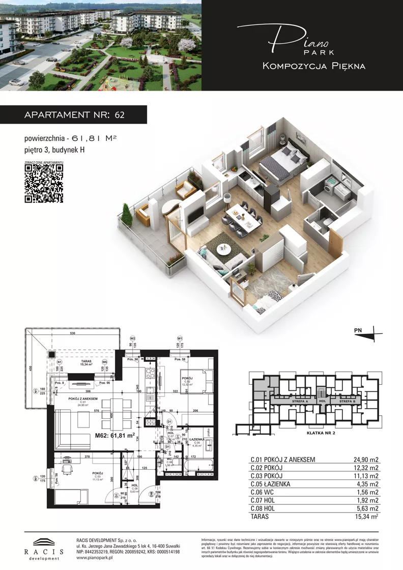 3 pokoje, mieszkanie 61,81 m², piętro 3, oferta nr 62, Piano Park bud. H, Suwałki, Czarnoziem, ul. Witolda "Rotmistrza" Pileckiego 5A