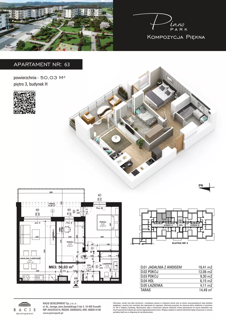 3 pokoje, mieszkanie 50,03 m², piętro 3, oferta nr 63, Piano Park bud. H, Suwałki, Czarnoziem, ul. Witolda "Rotmistrza" Pileckiego 5A