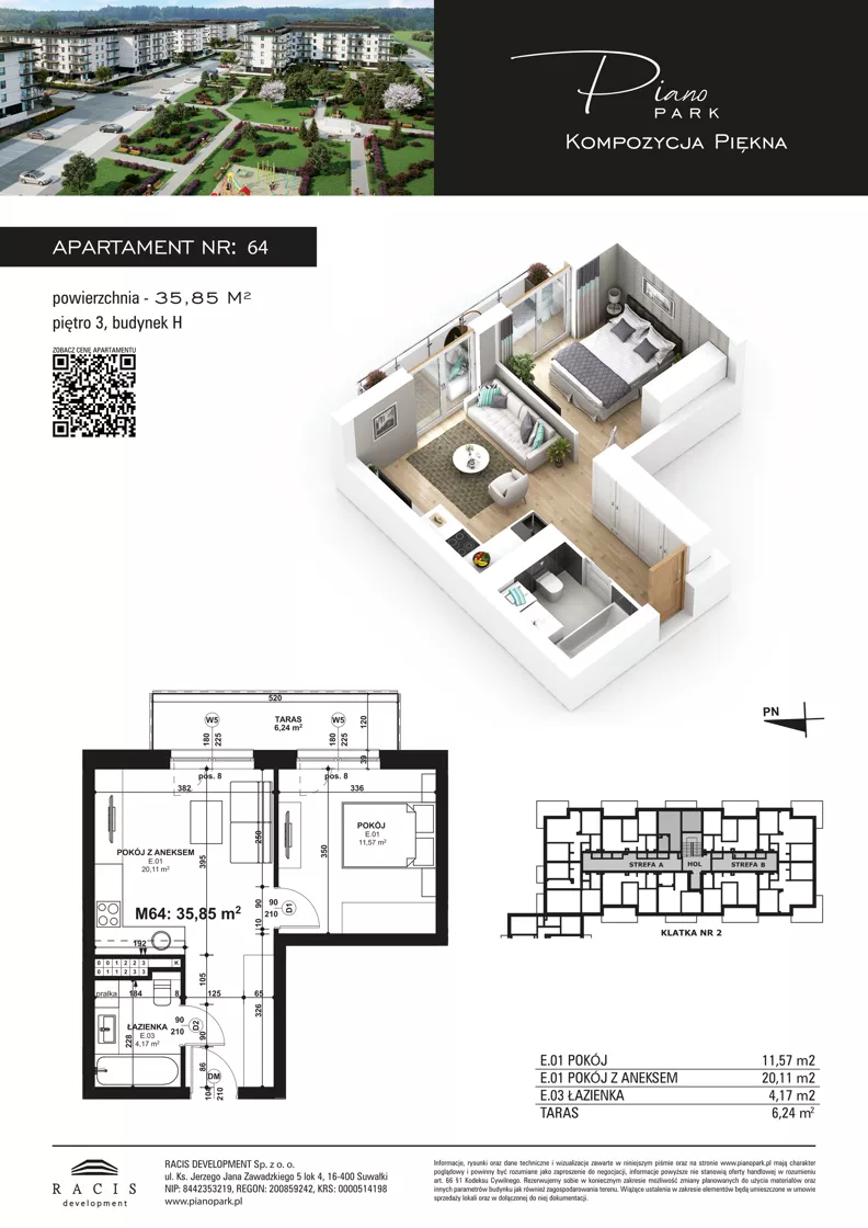 2 pokoje, mieszkanie 35,85 m², piętro 3, oferta nr 64, Piano Park bud. H, Suwałki, Czarnoziem, ul. Witolda "Rotmistrza" Pileckiego 5A