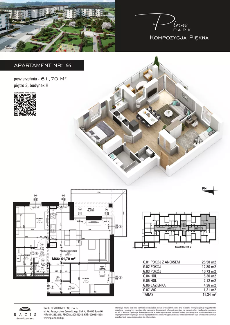 3 pokoje, mieszkanie 61,70 m², piętro 3, oferta nr 66, Piano Park bud. H, Suwałki, Czarnoziem, ul. Witolda "Rotmistrza" Pileckiego 5A