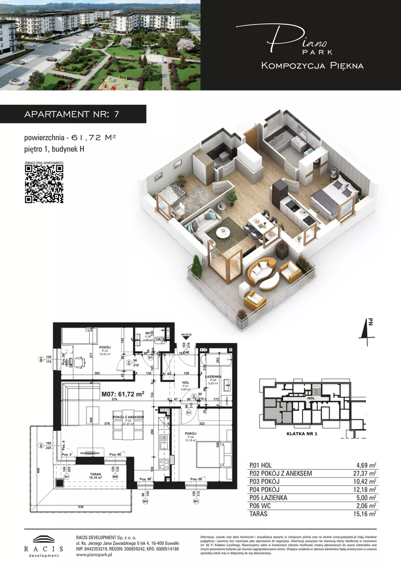 3 pokoje, mieszkanie 61,72 m², piętro 1, oferta nr 7, Piano Park bud. H, Suwałki, Czarnoziem, ul. Witolda "Rotmistrza" Pileckiego 5A