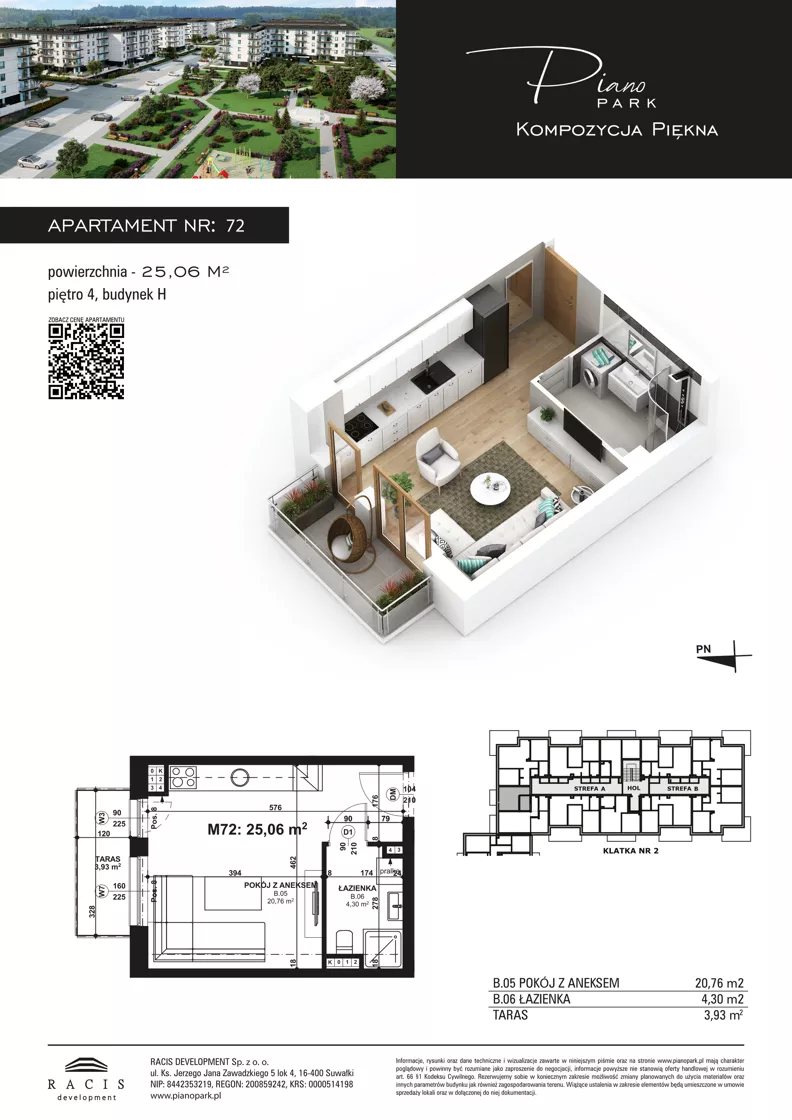 1 pokój, mieszkanie 25,06 m², piętro 4, oferta nr 72, Piano Park bud. H, Suwałki, Czarnoziem, ul. Witolda "Rotmistrza" Pileckiego 5A