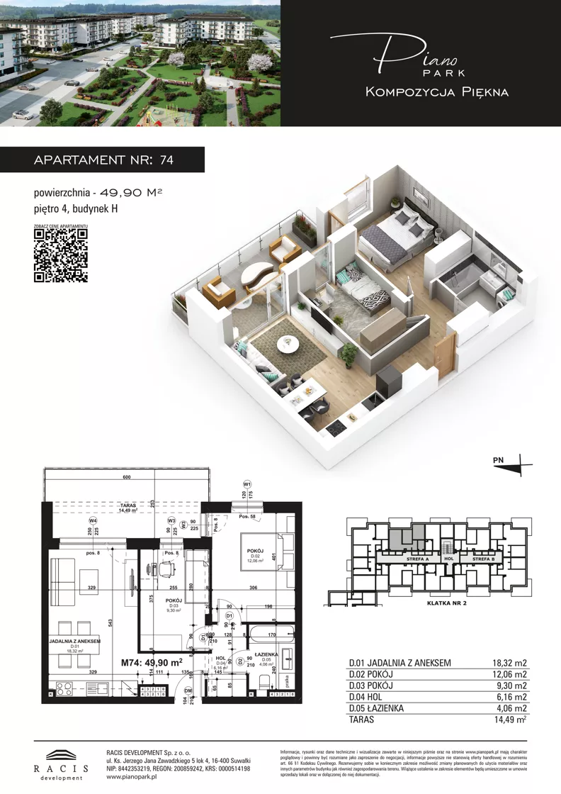 3 pokoje, mieszkanie 49,90 m², piętro 4, oferta nr 74, Piano Park bud. H, Suwałki, Czarnoziem, ul. Witolda "Rotmistrza" Pileckiego 5A