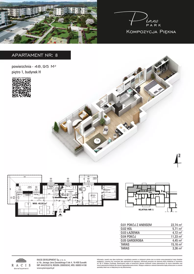 2 pokoje, mieszkanie 48,95 m², piętro 1, oferta nr 8, Piano Park bud. H, Suwałki, Czarnoziem, ul. Witolda "Rotmistrza" Pileckiego 5A