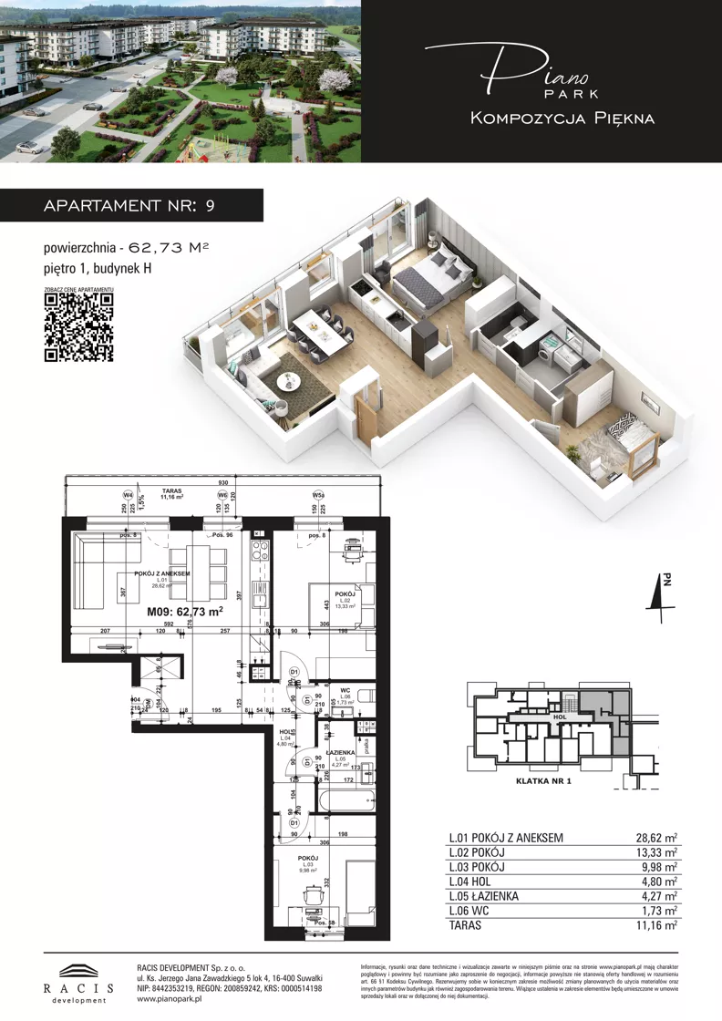 3 pokoje, mieszkanie 62,73 m², piętro 1, oferta nr 9, Piano Park bud. H, Suwałki, Czarnoziem, ul. Witolda "Rotmistrza" Pileckiego 5A