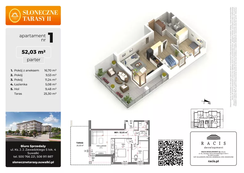 3 pokoje, mieszkanie 52,03 m², parter, oferta nr 1, Słoneczne Tarasy II bud B, Suwałki, ul. Sportowa