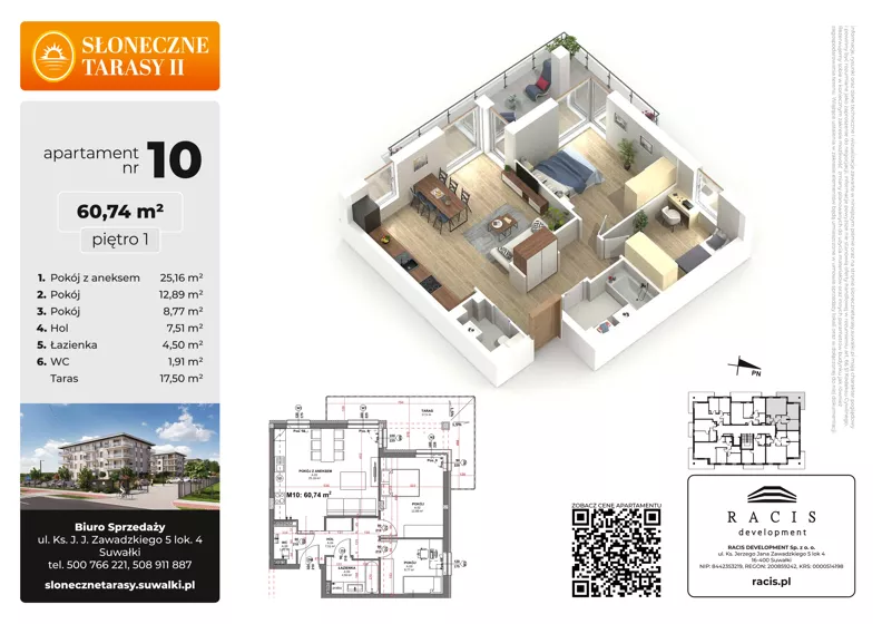 3 pokoje, mieszkanie 60,74 m², piętro 1, oferta nr 10, Słoneczne Tarasy II bud B, Suwałki, ul. Sportowa