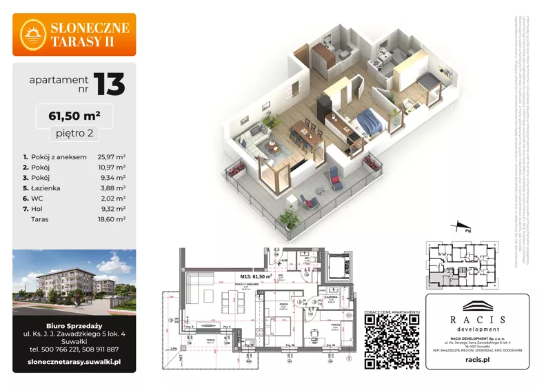 3 pokoje, mieszkanie 61,50 m², piętro 2, oferta nr 13, Słoneczne Tarasy II bud B, Suwałki, ul. Sportowa