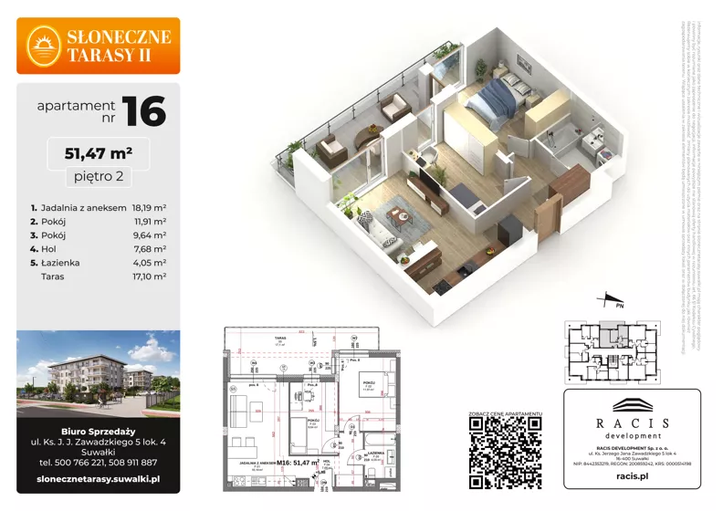 3 pokoje, mieszkanie 51,47 m², piętro 2, oferta nr 16, Słoneczne Tarasy II bud B, Suwałki, ul. Sportowa