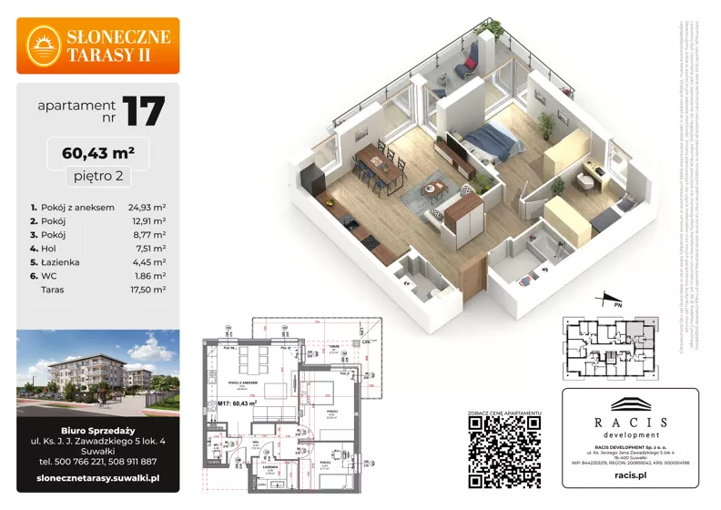 3 pokoje, mieszkanie 60,43 m², piętro 2, oferta nr 17, Słoneczne Tarasy II bud B, Suwałki, ul. Sportowa