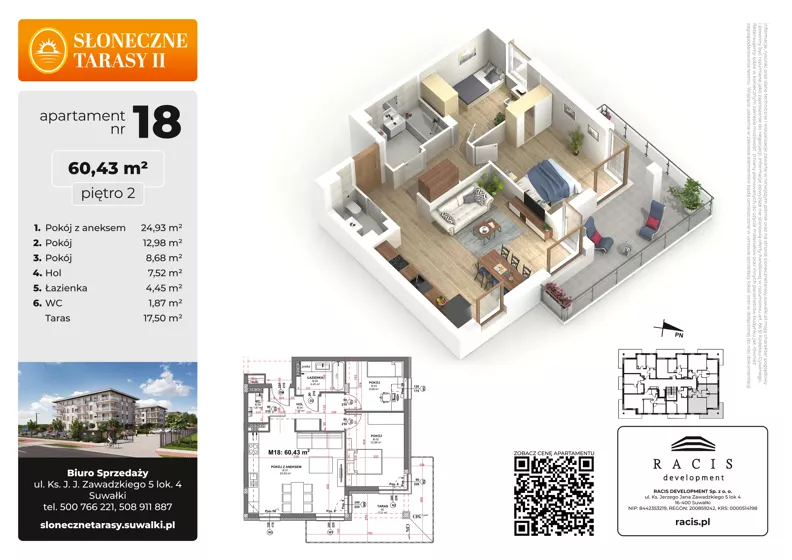 3 pokoje, mieszkanie 60,43 m², piętro 2, oferta nr 18, Słoneczne Tarasy II bud B, Suwałki, ul. Sportowa