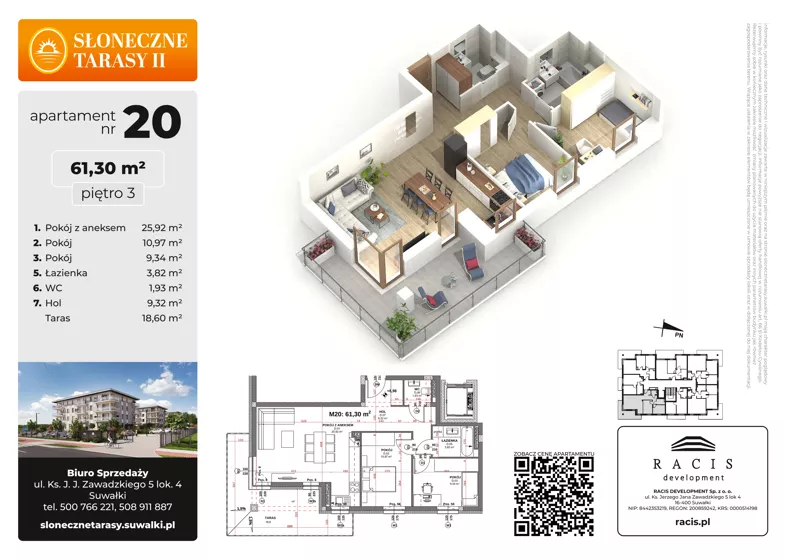 3 pokoje, mieszkanie 61,30 m², piętro 3, oferta nr 20, Słoneczne Tarasy II bud B, Suwałki, ul. Sportowa