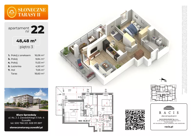 3 pokoje, mieszkanie 48,48 m², piętro 3, oferta nr 22, Słoneczne Tarasy II bud B, Suwałki, ul. Sportowa