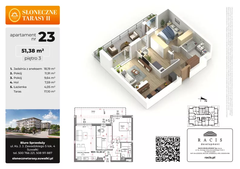 3 pokoje, mieszkanie 51,38 m², piętro 3, oferta nr 23, Słoneczne Tarasy II bud B, Suwałki, ul. Sportowa