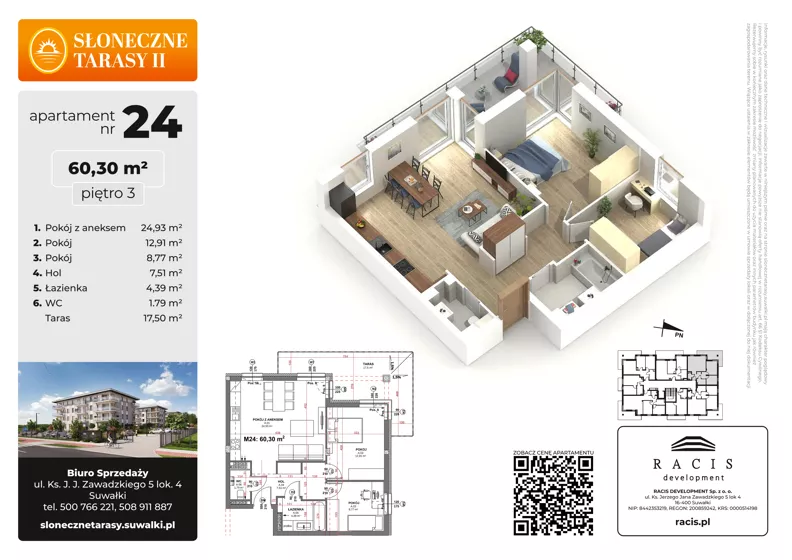 3 pokoje, mieszkanie 60,30 m², piętro 3, oferta nr 24, Słoneczne Tarasy II bud B, Suwałki, ul. Sportowa