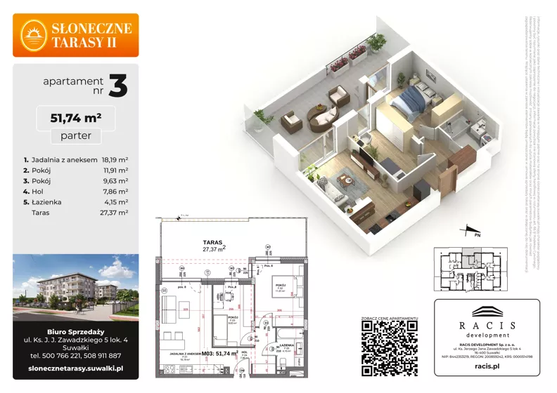3 pokoje, mieszkanie 51,74 m², parter, oferta nr 3, Słoneczne Tarasy II bud B, Suwałki, ul. Sportowa