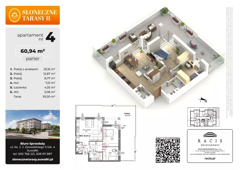 3 pokoje, mieszkanie 60,94 m², parter, oferta nr 4, Słoneczne Tarasy II bud B, Suwałki, ul. Sportowa