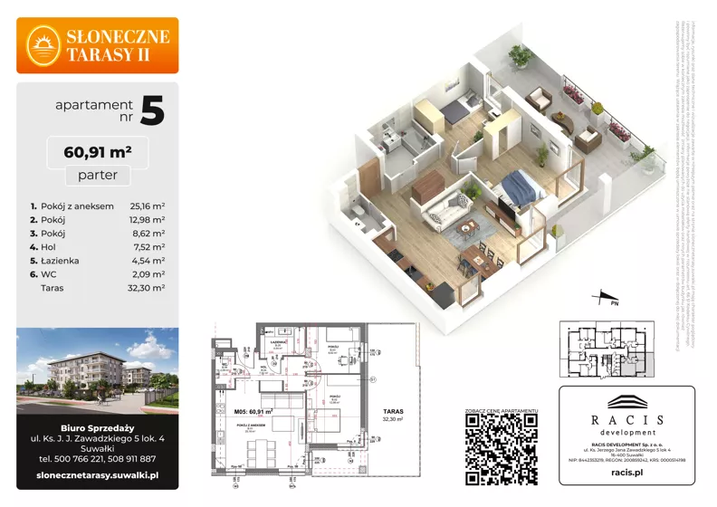 3 pokoje, mieszkanie 60,91 m², parter, oferta nr 5, Słoneczne Tarasy II bud B, Suwałki, ul. Sportowa