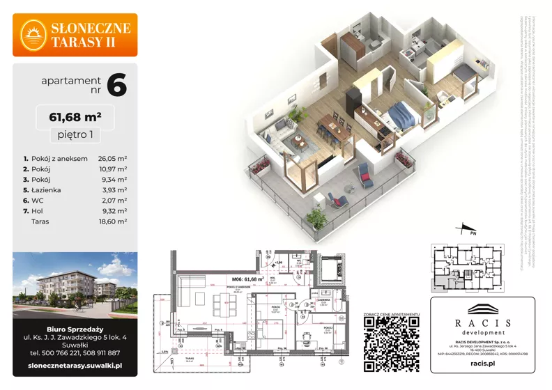 3 pokoje, mieszkanie 61,68 m², piętro 1, oferta nr 6, Słoneczne Tarasy II bud B, Suwałki, ul. Sportowa