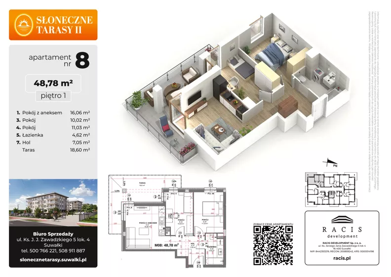 3 pokoje, mieszkanie 48,78 m², piętro 1, oferta nr 8, Słoneczne Tarasy II bud B, Suwałki, ul. Sportowa