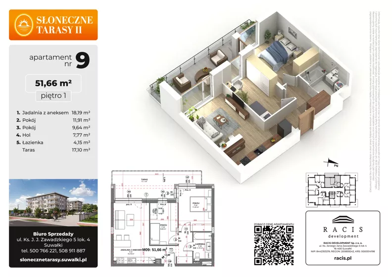 3 pokoje, mieszkanie 51,66 m², piętro 1, oferta nr 9, Słoneczne Tarasy II bud B, Suwałki, ul. Sportowa