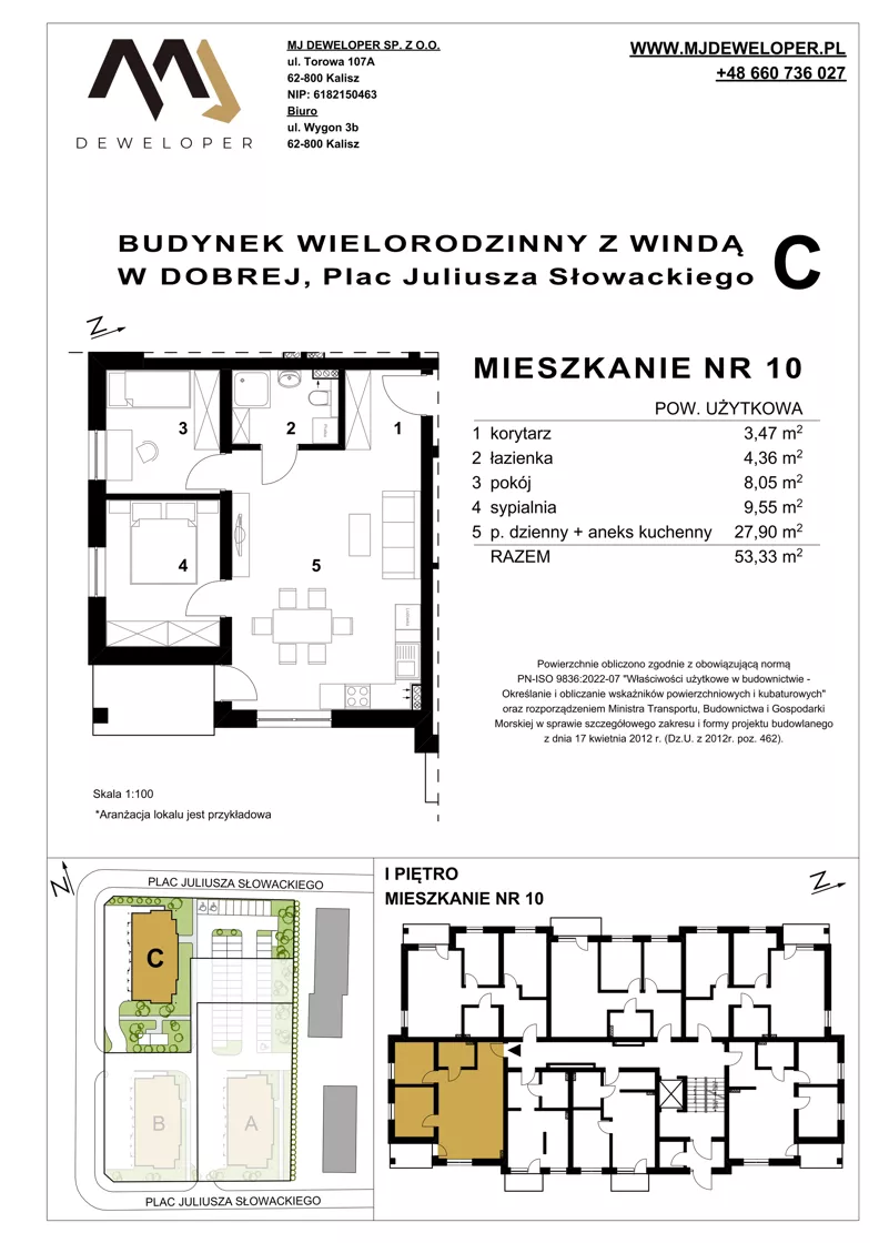 3 pokoje, mieszkanie 53,33 m², piętro 1, oferta nr 10, Osiedle Dobre, Dobra, Pl. Juliusza Słowackiego