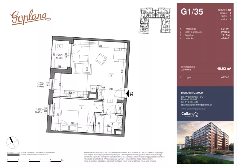 2 pokoje, mieszkanie 49,92 m², piętro 3, oferta nr G1/35, Osiedle Goplana Budynek G, Poznań, Jeżyce, ul. Świętego Wawrzyńca