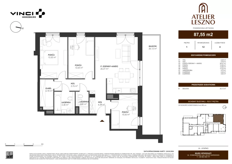 4 pokoje, mieszkanie 57,55 m², piętro 1, oferta nr 12, Atelier Leszno, Warszawa, Włochy, Młynów, ul. Leszno 17 A