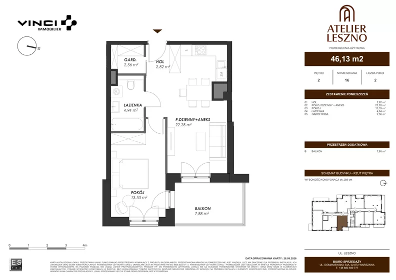 2 pokoje, mieszkanie 46,13 m², piętro 2, oferta nr 16, Atelier Leszno, Warszawa, Włochy, Młynów, ul. Leszno 17 A