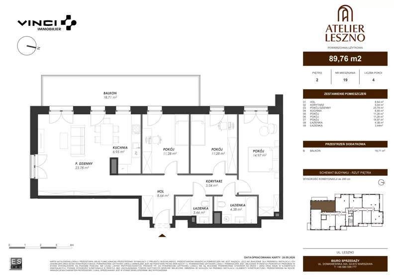 4 pokoje, mieszkanie 89,76 m², piętro 2, oferta nr 19, Atelier Leszno, Warszawa, Włochy, Młynów, ul. Leszno 17 A
