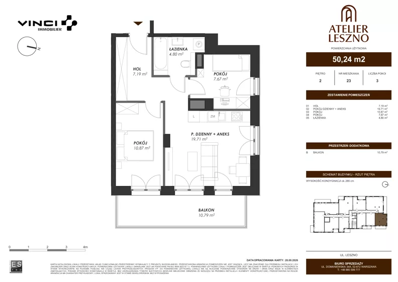 2 pokoje, mieszkanie 50,24 m², piętro 2, oferta nr 23, Atelier Leszno, Warszawa, Włochy, Młynów, ul. Leszno 17 A