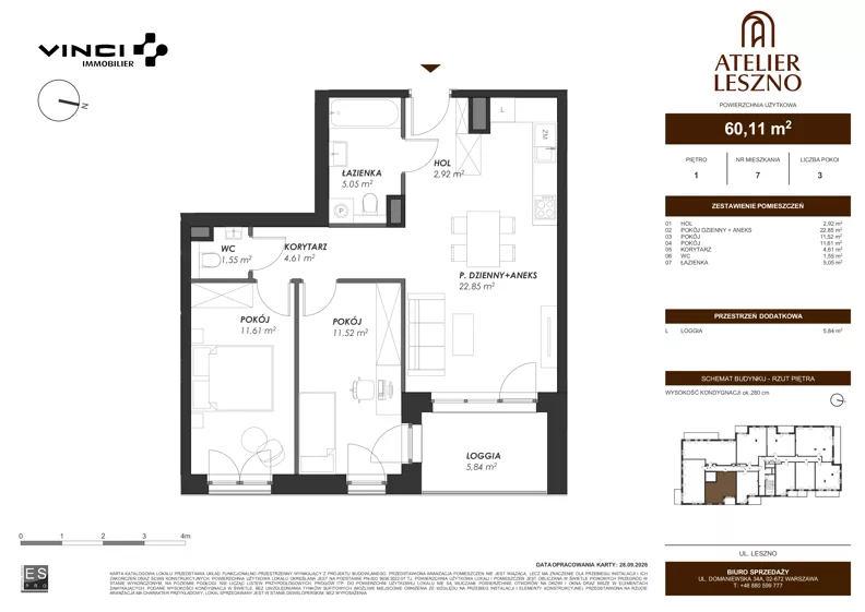 3 pokoje, mieszkanie 60,11 m², piętro 1, oferta nr 7, Atelier Leszno, Warszawa, Włochy, Młynów, ul. Leszno 17 A