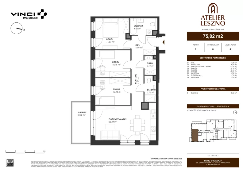 4 pokoje, mieszkanie 75,02 m², piętro 1, oferta nr 8, Atelier Leszno, Warszawa, Włochy, Młynów, ul. Leszno 17 A
