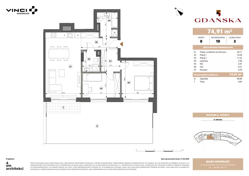 3 pokoje, apartament 74,90 m², parter, oferta nr A.0.19, Gdańska 5, Warszawa, Żoliborz, Marymont, ul. Gdańska 5
