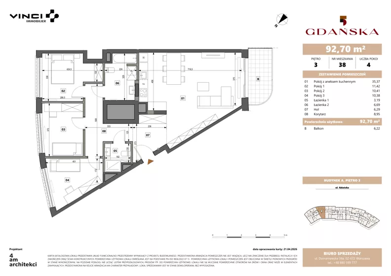 4 pokoje, apartament 92,70 m², piętro 3, oferta nr A.3.38, Gdańska 5, Warszawa, Żoliborz, Marymont, ul. Gdańska 5