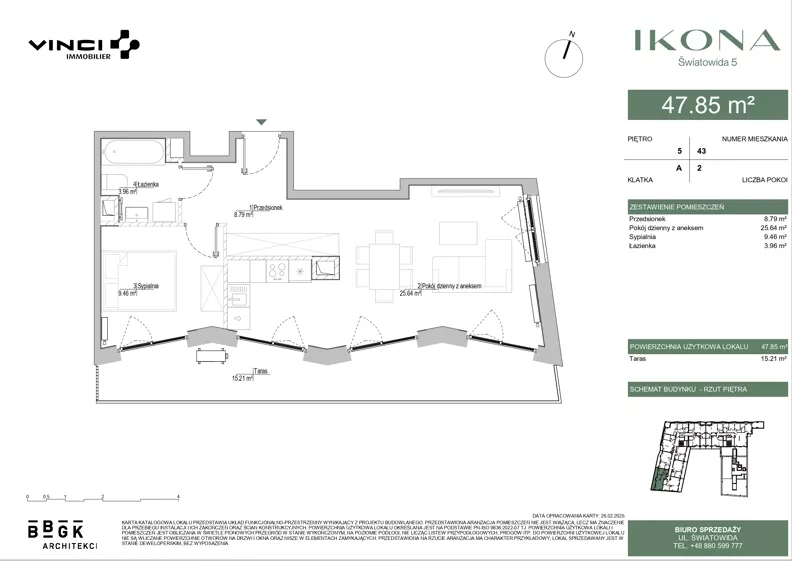 2 pokoje, apartament 47,85 m², piętro 5, oferta nr M043, IKONA Światowida 5, Warszawa, Białołęka, Tarchomin, ul. Światowida 5