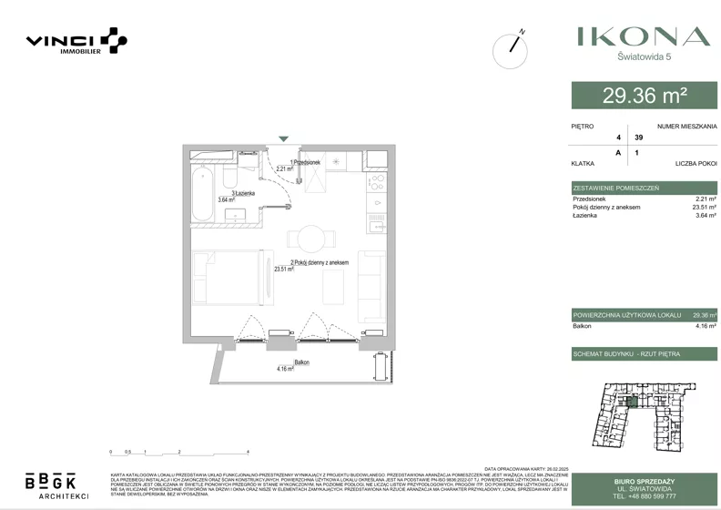 1 pokój, mieszkanie 29,90 m², piętro 4, oferta nr M039, IKONA Światowida 5, Warszawa, Białołęka, Tarchomin, ul. Światowida 5