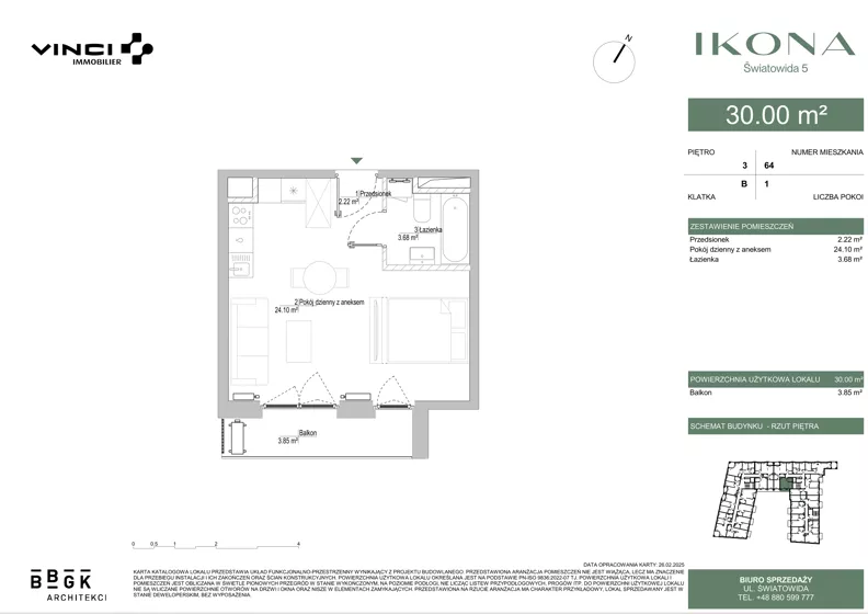 1 pokój, mieszkanie 30,54 m², piętro 3, oferta nr M064, IKONA Światowida 5, Warszawa, Białołęka, Tarchomin, ul. Światowida 5