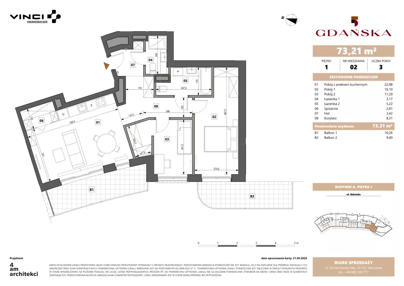 3 pokoje, apartament 73,20 m², piętro 1, oferta nr A.1.2, Gdańska 5, Warszawa, Żoliborz, Marymont, ul. Gdańska 5