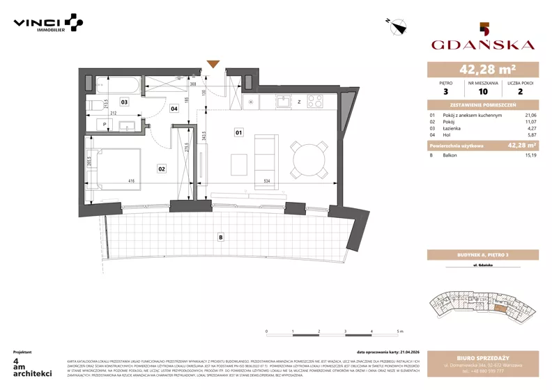 2 pokoje, apartament 42,30 m², piętro 3, oferta nr A.3.10, Gdańska 5, Warszawa, Żoliborz, Marymont, ul. Gdańska 5