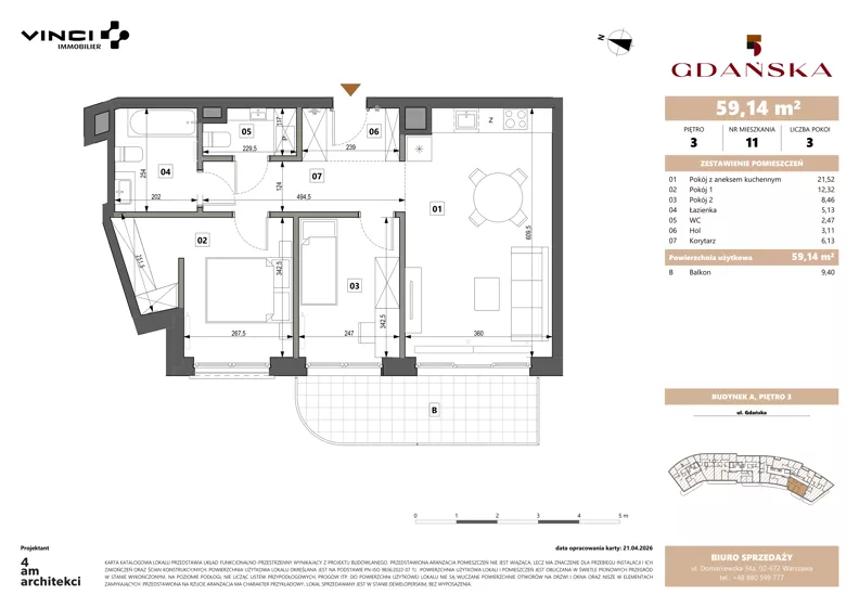3 pokoje, apartament 59,10 m², piętro 3, oferta nr A.3.11, Gdańska 5, Warszawa, Żoliborz, Marymont, ul. Gdańska 5