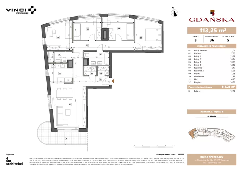 5 pokoi, apartament 113,30 m², piętro 3, oferta nr A.3.36, Gdańska 5, Warszawa, Żoliborz, Marymont, ul. Gdańska 5
