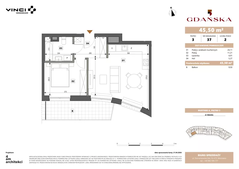 2 pokoje, apartament 45,50 m², piętro 3, oferta nr A.3.37, Gdańska 5, Warszawa, Żoliborz, Marymont, ul. Gdańska 5