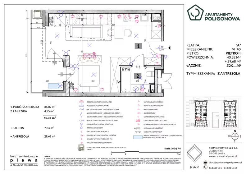 4 pokoje, mieszkanie 70,00 m², piętro 3, oferta nr 40, Apartamenty Poligonowa 4, Lublin, Sławin, ul. Poligonowa