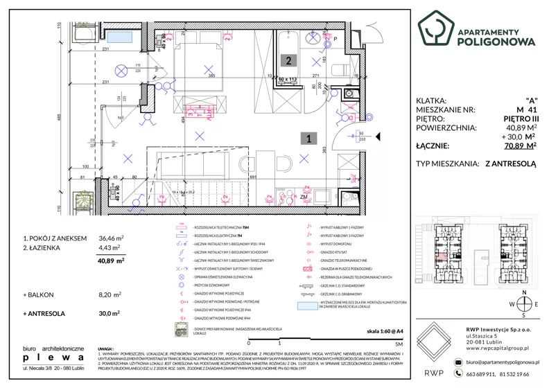 4 pokoje, mieszkanie 70,89 m², piętro 3, oferta nr 41, Apartamenty Poligonowa 4, Lublin, Sławin, ul. Poligonowa