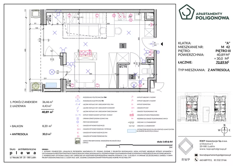 4 pokoje, mieszkanie 70,89 m², piętro 3, oferta nr 42, Apartamenty Poligonowa 4, Lublin, Sławin, ul. Poligonowa